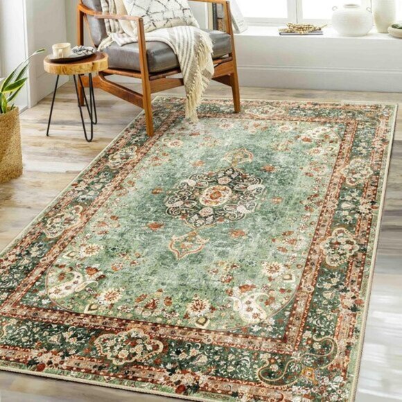 New 3x5 Green Area Rug, Washable Vintage Distressed Non-Slip Carpet for Home